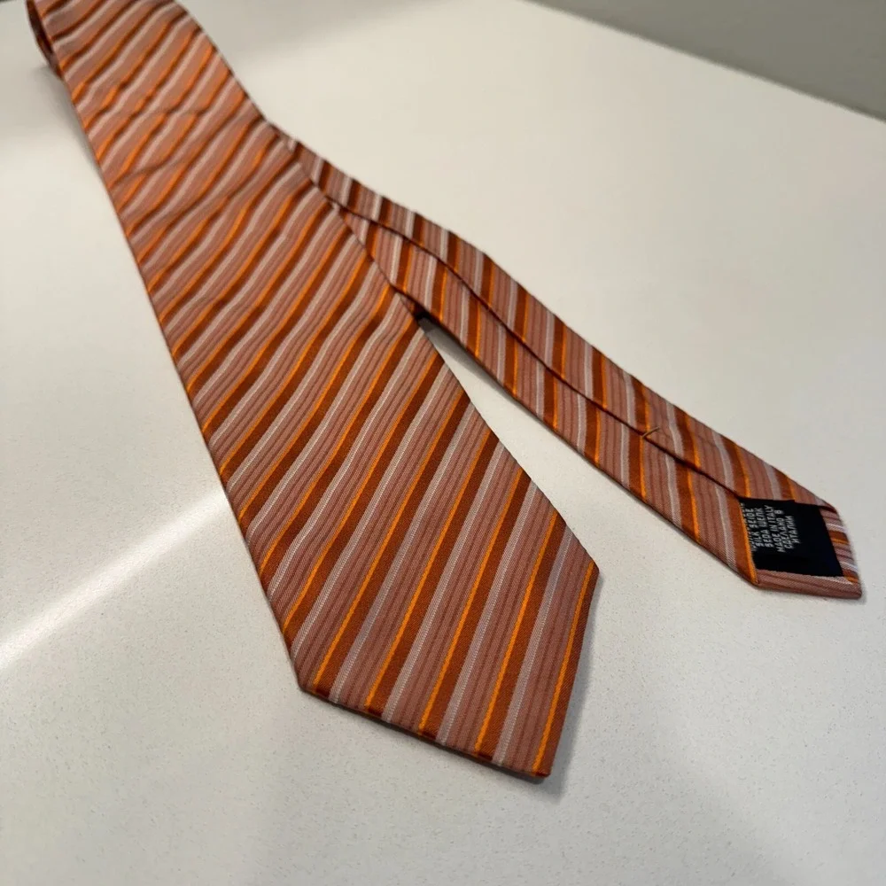 Hugo Boss Tie Orange Striped Necktie Mens 100% Silk Made‎ in Italy Texture